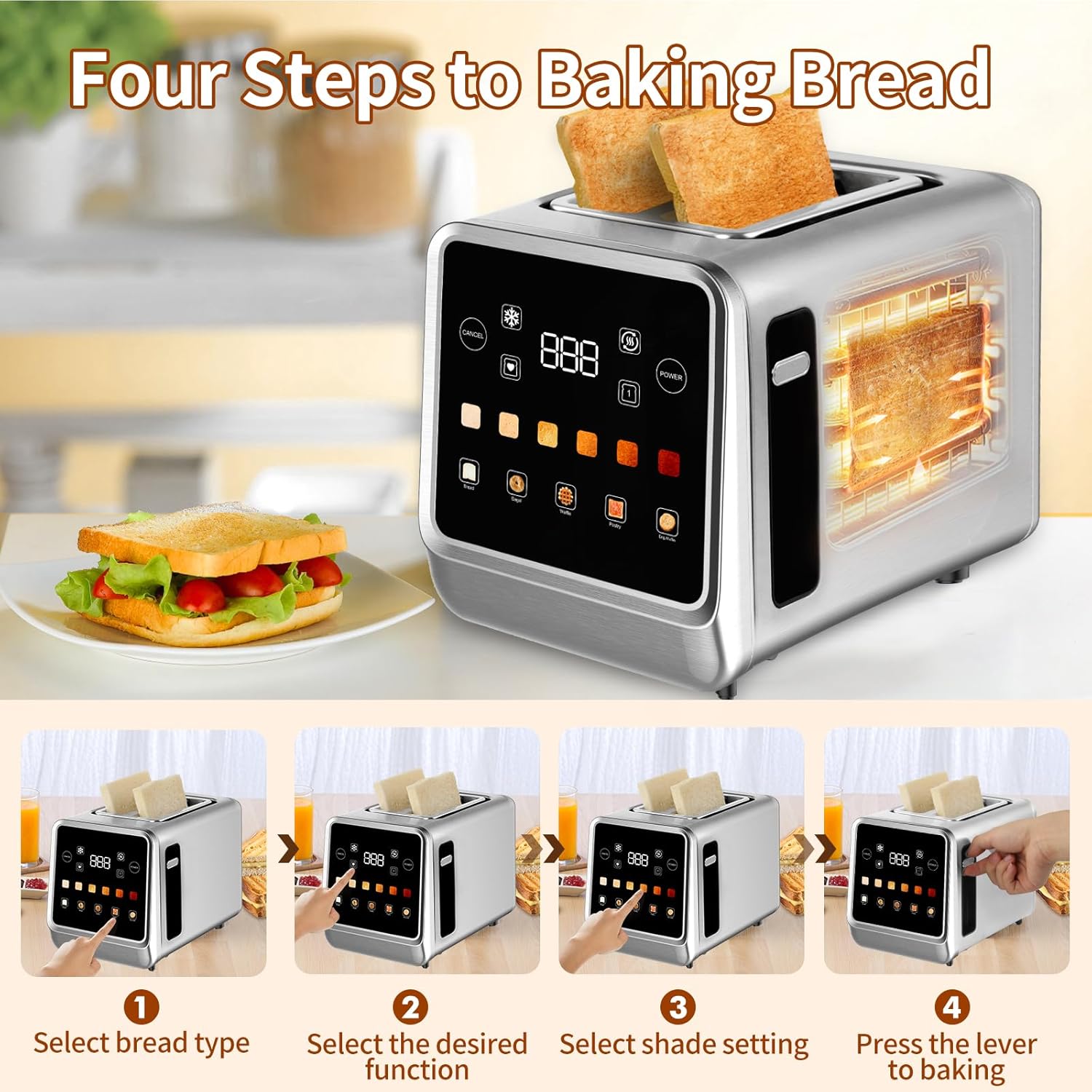Touch Screen Toaster 2 Slice with LCD Display Stainless Steel Digital Timer