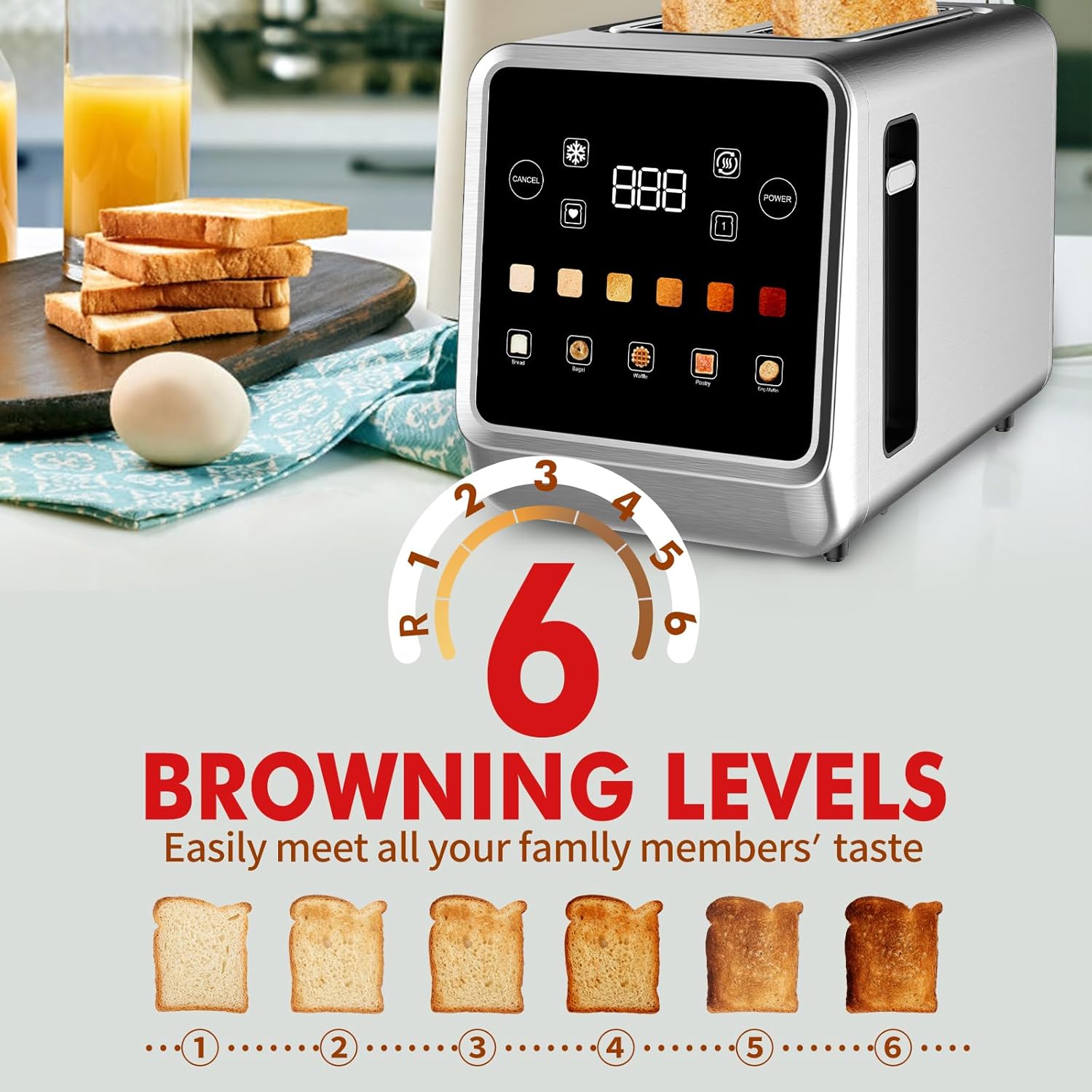 Touch Screen Toaster 2 Slice with LCD Display Stainless Steel Digital Timer