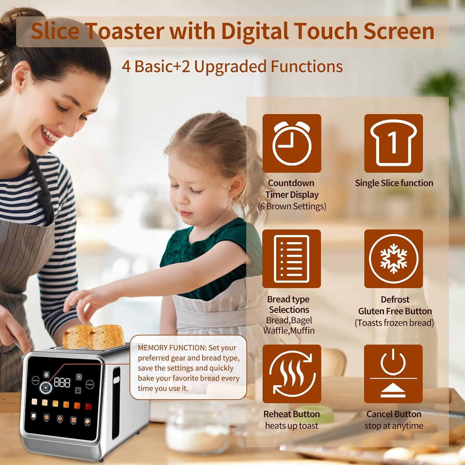 Touch Screen Toaster 2 Slice with LCD Display Stainless Steel Digital Timer